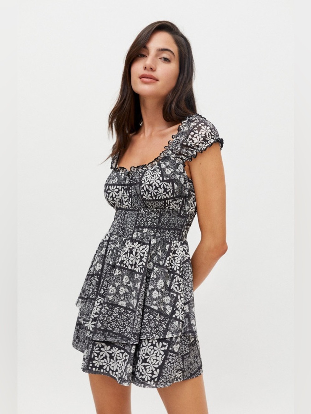 Urban Outfitters Black and White Patterned Mini Rosie Mesh Romper XS